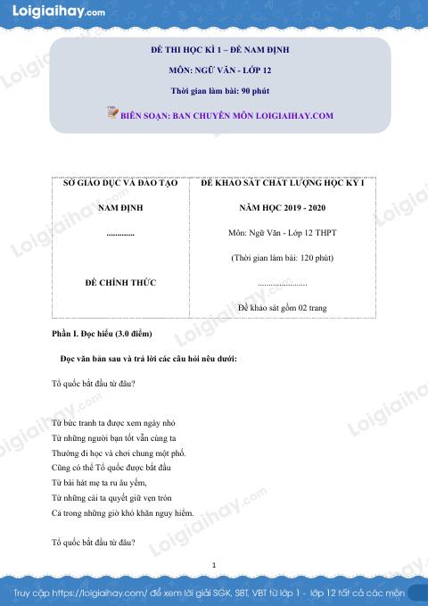 Giải đề thi học kì 1 Ngữ văn lớp 12 năm 2019 - 2020 Sở GD và ĐT Nam Định